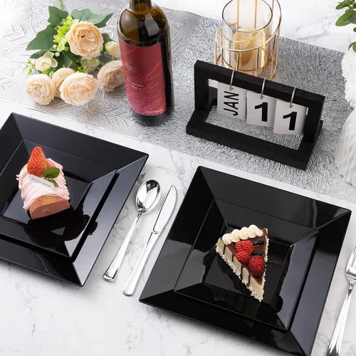 Miniatura 2 de Goodluck 100 Pack de Platos Desechables Cuadrados Negros, Platos de Plástico Resistente: 50 Platos de Cena de 24.1 cm y 50 Platos de Postre de 16.5