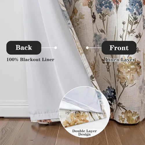 Miniatura 2 de MYSKY HOME - Cortinas de lino florales 100% blackout, de 95 pulgadas de largo, 2 paneles para sala de estar y dormitorio, doble capa