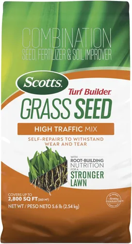 Scotts Turf Builder - Mezcla de semillas de césped de alto tráfico, semillas de césped más fertilizante y mejorador de suelo, autorreparaciones,