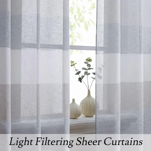 Miniatura 2 de Vision Home Cortinas traslúcidas a rayas color gris y azul ahumado, paneles de ventana rústicas de lino de 63 pulgadas de largo, cortinas rústicas