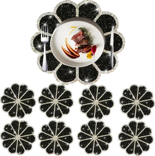 Miniatura 16 de Juego de 1 mantel individual redondo en negro, manteles individuales brillantes resistentes al calor, lavables, para cena, cocina, boda, decorativos