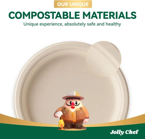Miniatura 7 de JOLLY CHEF Platos compostables resistentes de 9 pulgadas [paquete de 300 unidades] Platos de papel natural desechables ecológicos, bagazo Marrón