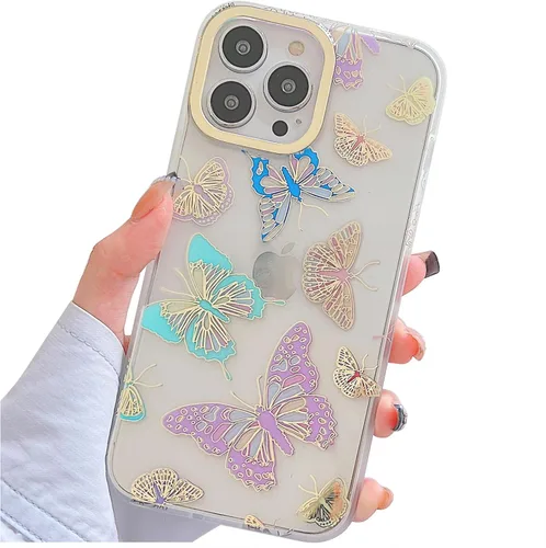 Funda transparente con chispas brillantes para iPhone 15 Pro Max para mujeres y niñas, patrón de mariposas doradas, rosa y azul, funda protectora