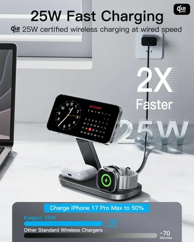 Miniatura 2 de Estación de carga inalámbrica 3 en 1 para dispositivos Apple, soporte de cargador rápido magnético plegable compatible con MagSafe para iPhone negro
