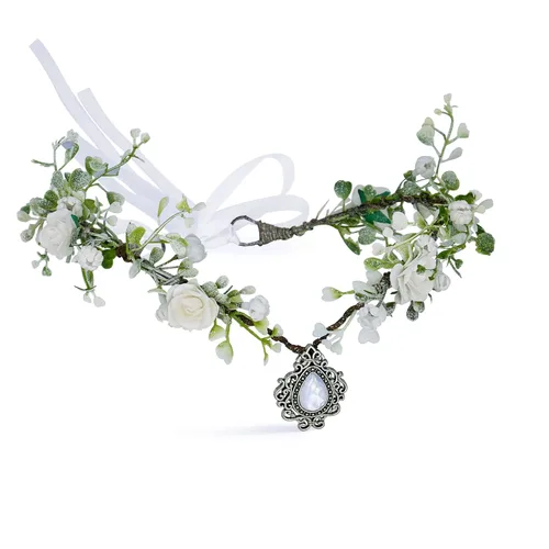Miniatura 10 de MOSTORY Corona de elfos de flores rosadas, diadema de corona floral hecha a mano para mujeres, tiara de elfo nupcial, accesorios para el cabello