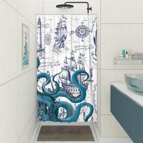 Miniatura 3 de Juego de cortina de ducha pequeña de pulpo náutico azul, divertidas cortinas de ducha estilo kraken de océano para baño, decoración de mapa pirata