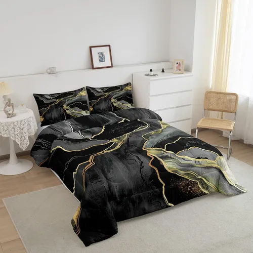 Miniatura 3 de Juego de edredón de lujo negro y gris, juego de ropa de cama con lentejuelas doradas y mármol, relleno de edredón con textura abstracta de mármol