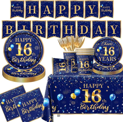 Decoración de cumpleaños número 16 para hombres - Juego de 142 piezas de vajilla azul marino y dorada para cumpleaños (sirve para 20) Incluye