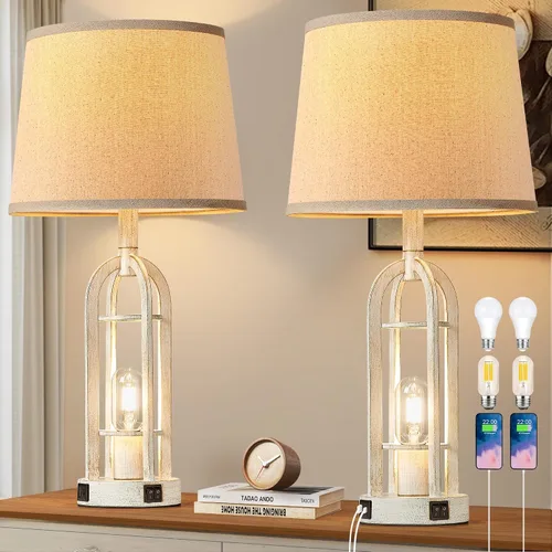 Miniatura 10 de SRJJA Juego de 2 lámparas de mesa negras para sala de estar, lámparas de granja para mesitas de noche con USB A+C, lámparas de noche