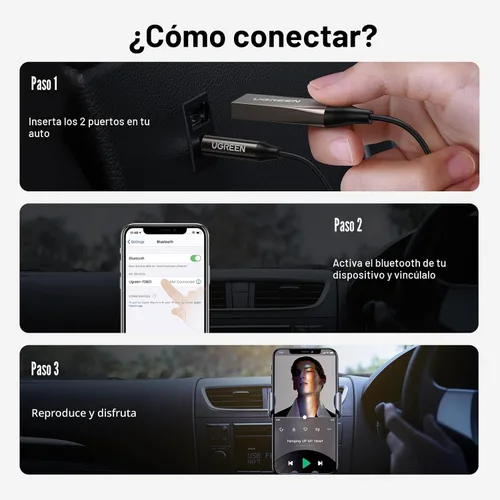 Miniatura 8 de UGREEN Adaptador Aux a Bluetooth 6.0 Receptor Bluetooth de 3.5mm para Coche Kit USB 2.0 a Conector de 3.5mm con Micrófono Integrado Entrada Auxiliar