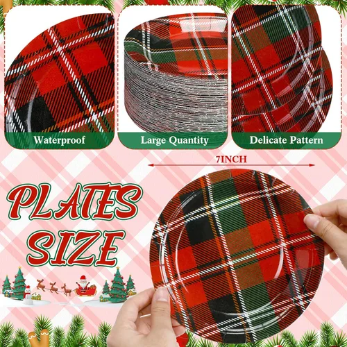 Miniatura 2 de Shellwei 100 platos de papel de Navidad de 7 pulgadas, platos de fiesta de Navidad a granel desechables para suministros de fiesta de Navidad