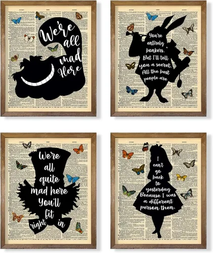 Decoración de pared de Alicia en el País de las Maravillas - Gato de Cheshire, Sombrerero Loco, Conejo Blanco - Póster con cita inspiradora de