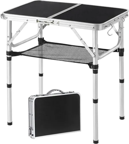 Miniatura 9 de YUFIFAIRY Mesa plegable pequeña de 2 pies, mesa de campamento portátil con soportes de malla, altura ajustable de aluminio ligero, con asa