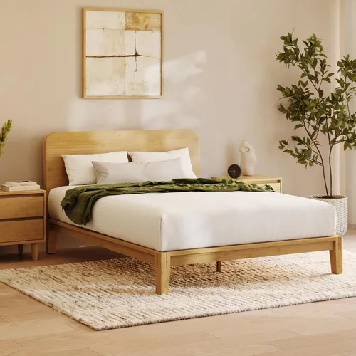 Miniatura 11 de Nectar Base de cama de plataforma de bambú y cabecera tapizada, tamaño Queen, color natural/lino, patas de soporte central flotantes, altura de 12