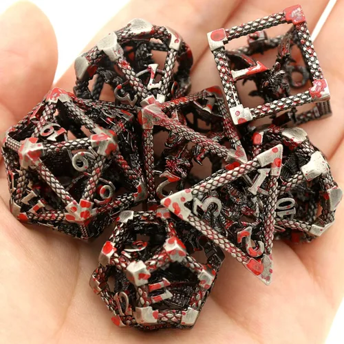 Miniatura 4 de D&D Dice, Dungeons and Dragons Dice HNCCESG Juego de dados de metal poliédricos huecos para juegos de mesa RPG MTG (Dragon Silver Blood Spot)