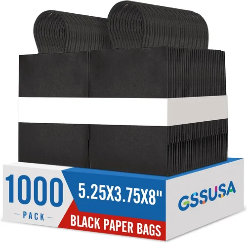 Miniatura 23 de GSSUSA Bolsas de regalo negras de 5.25 x 3.75 x 8 pulgadas, 100 unidades, bolsa para el día de San Valentín, bolsas de papel negro con asas a