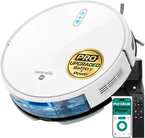 SereneLife - Robot aspirador inteligente y trapeador, edición Pro con batería mejorada, succión extrema, tanque de agua interno - control por