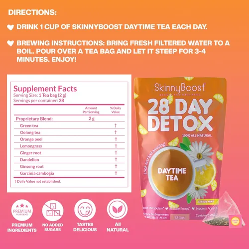Miniatura 7 de SkinnyBoost - Kit de té desintoxicante de 2 paquetes – 1 de día HIBISCO (28 bolsas) + 1 de noche MANZANA CANELA (14 bolsas) – Desintoxicación herbal