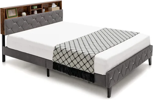 Miniatura 9 de KOMFOTT Base de cama matrimonial tapizada con cabecera de almacenamiento, base de cama de plataforma con estantes abiertos y espacio