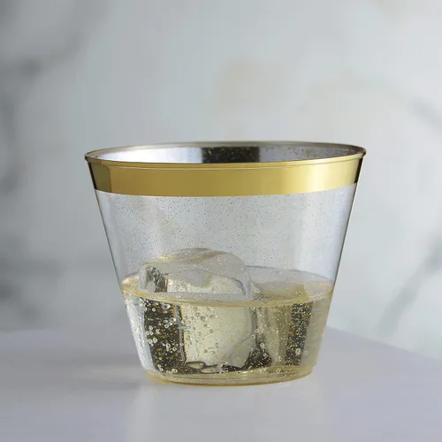 Miniatura 5 de Paquete de 100 vasos de plástico de 9 onzas con purpurina dorada con borde dorado, tazas de fiesta de alta calidad, elegantes y resistentes, bodas