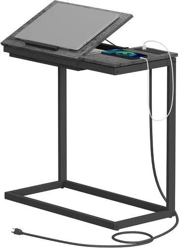 Miniatura 16 de TUTOTAK Mesa auxiliar en forma de C con estación de carga, mesa auxiliar inclinable para computadora portátil, mesa debajo del sofá para sala