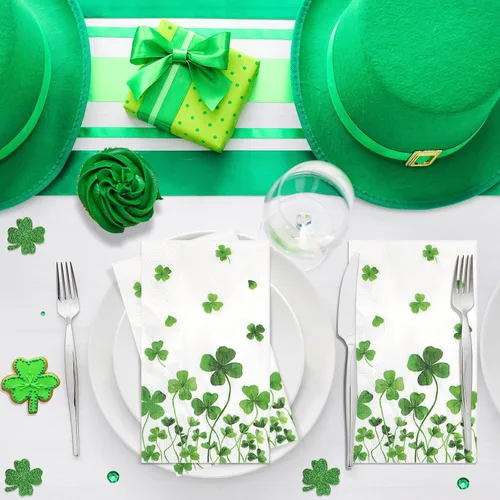 Miniatura 7 de 100 servilletas de decoración del día de San Patricio, desechables, trébol irlandés verde, trébol de la suerte, servilletas de mano para primavera
