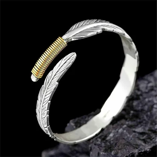 Miniatura 3 de Beccalame Silver Feather Bracelet Lucky Hope Cuff Jewelry Simple Retro For Women Men