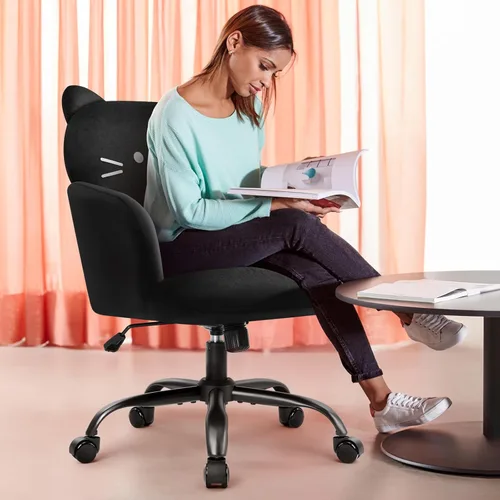 Miniatura 4 de IWMH Silla de oficina en casa, silla de escritorio de asiento ancho, lindas sillas giratorias de terciopelo para tocador, sillas de tareas con Negro