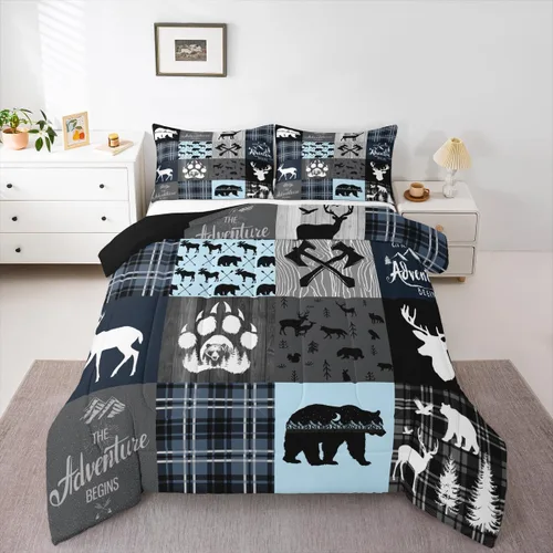 Miniatura 34 de Juego de edredón de oso y ciervo, tamaño individual, ropa de cama de animales salvajes de caza, colcha rústica de cabaña, casa de campo, cuadros