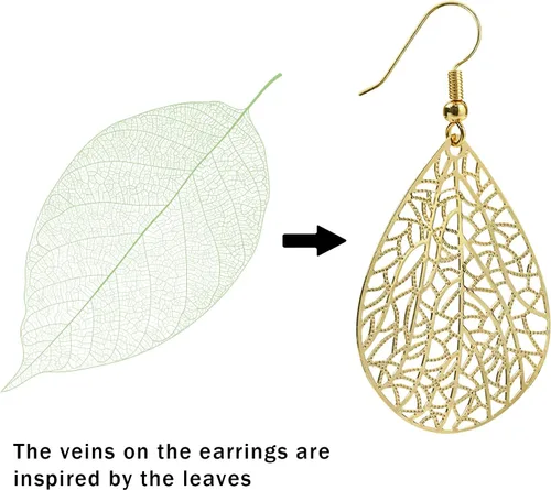 Miniatura 5 de 14K Gold Plated Silver Rose Gold Teardrop Filigree Dangle Earrings Lightweight Leaf Drop Earrings for Christmas Gift