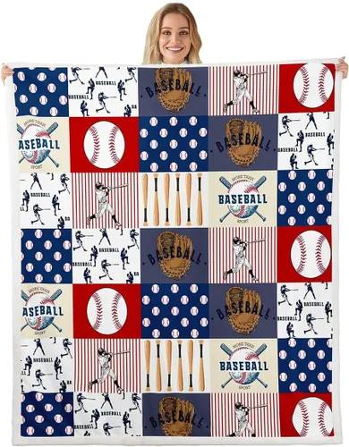 Manfei Manta a cuadros con temática deportiva de béisbol para niños, adolescentes, decoración de habitación, guantes de bate de béisbol, manta de