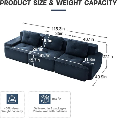 Miniatura 2 de Sofá seccional modular comprimido sin estructura de 117", sofás seccionales de 3 plazas para sala de estar, sofá seccional modular de pana azul
