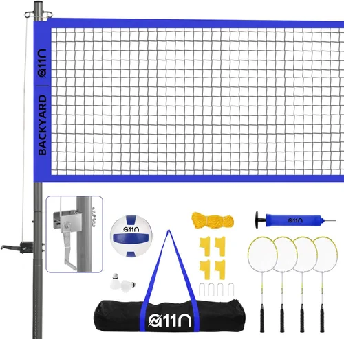 A11N SPORTS Outdoor Volleyball and Badminton Combo Set - Includes Adjustable Height Anti-Sag Net, Volleyball, Air Pump, 4 Badminton Rackets, 2 Azul