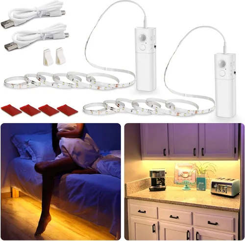 Miniatura 12 de WOBANE Tira de luz LED activada por doble movimiento, tira de luz recargable de 16.4 pies, luz de cinta alimentada por batería para debajo