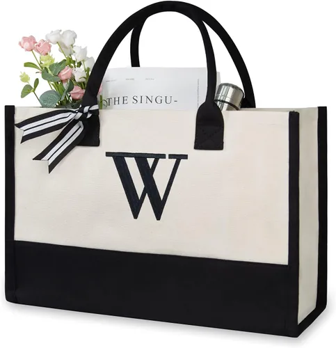 Miniatura 359 de TOPDesign - Bolso de playa de lona con inicial personalizada, bolsa de regalo con monograma, para mujer