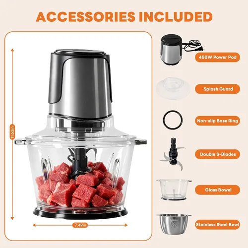 Miniatura 8 de OLIXIS Procesador eléctrico de alimentos, picadora de carne de 450 W y picadora de verduras con 2 tazones para uso doméstico, picadora de alimentos