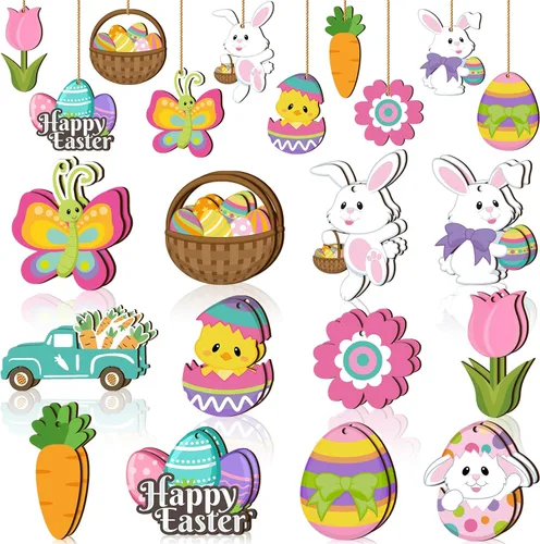 Qunclay 24 piezas de adornos de madera de primavera de Pascua, huevos de flores, conejo, huevo, letreros colgantes para árbol, decoraciones de