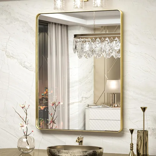 Miniatura 112 de TokeShimi Espejo redondo dorado de 36 pulgadas, espejo redondo de baño para pared con aleación de aluminio antioxidante, marco de metal dorado Oro