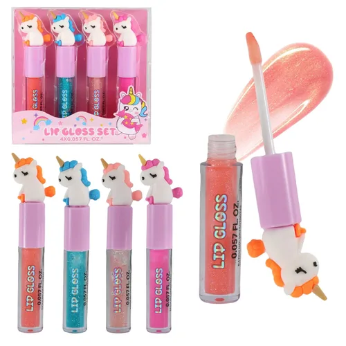 M&U MAKE YOU UP 4 unidades de brillo de labios de unicornio para niñas, juego de labios brillantes para recuerdos de fiesta con decoración mágica,