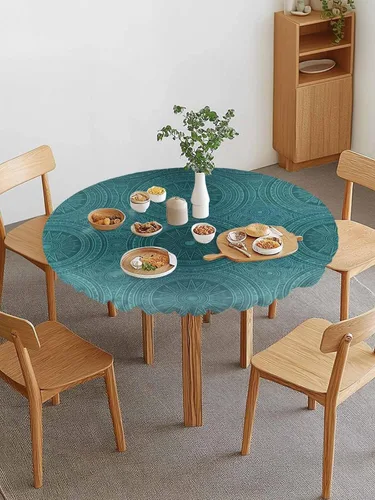 Miniatura 2 de Mantel redondo ajustado con diseño floral de mandala aguamarina, estilo étnico bohemio con borde elástico, impermeable, mantel circular de flores