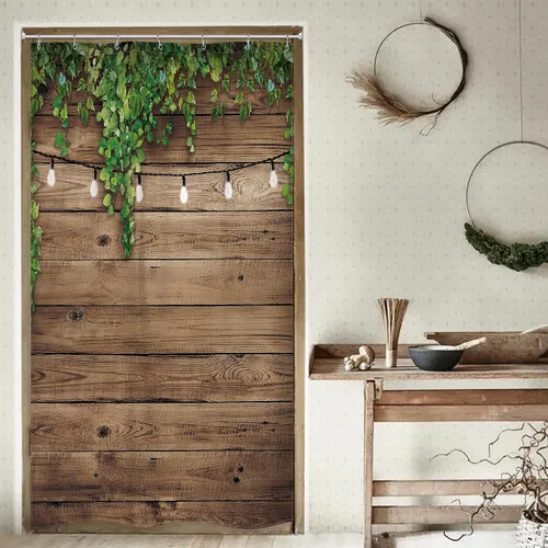 Riyidecor Cortina de ducha de madera de 36 pulgadas de ancho x 72 pulgadas de alto, puerta de salvado de madera rústica, hojas verdes de madera,