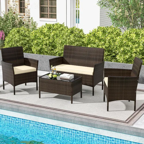 Miniatura 2 de HAPPYGRILL Juego de 4 muebles de mimbre para exteriores, juego de muebles de mimbre para patio con sillas de dos plazas y mesa de café de vidrio