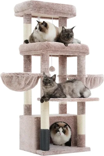 Miniatura 14 de Hey-brother Torre de árbol para gatos, postes rascadores con plataforma y cesta extra grande, condominio especial, 2 hamacas acogedoras, tabla