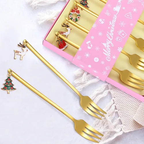 Miniatura 7 de Juego de cubiertos dorados de Navidad para postre, cubiertos de acero inoxidable, 6 piezas, utensilios de aperitivo con mango de abalorios