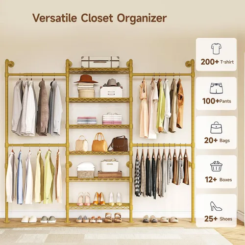 Miniatura 9 de ONBRILL H3 Sistema de Armario Montado en Pared, Perchero de Tubería Industrial Expandible Perchero de Ropa para Colgar Ropa, Organizadores de Dorado