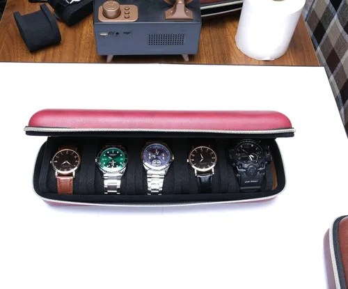Miniatura 4 de Funda de viaje para reloj de cuero duro con 5 ranuras, almacenamiento y organizador para hombres y mujeres, con almohada de reloj antimovimiento