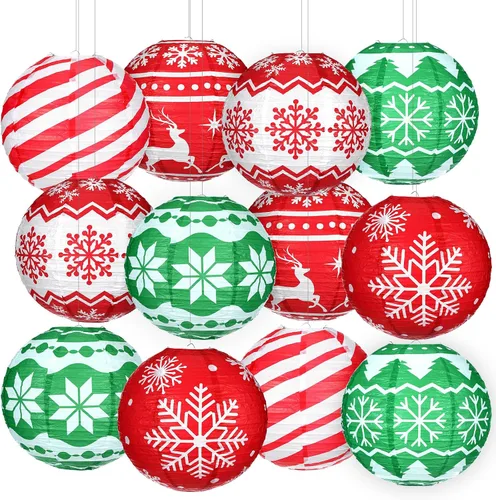 Miniatura 9 de Bencailor Juego de 12 linternas de papel colgantes de Navidad, linternas decorativas para fiesta de Navidad, lámparas colgantes redondas