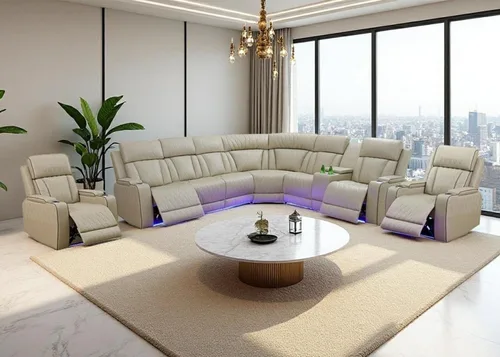 Miniatura 8 de Juegos de Muebles para Sala de Estar, Juego de Sofá Reclinable Eléctrico, Cuero Blanco Vainilla, Seccional de 2 Reclinables con Luz LED
