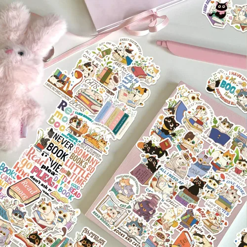 Miniatura 5 de 60 piezas de calcomanías de gatos y libros - Lindas calcomanías de vinilo impermeables de gatitos para amantes de los libros, lectores, álbumes