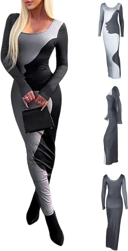 Miniatura 7 de Vestido largo ajustado de manga larga Y2k con cuello cuadrado para mujer, vestido de cóctel con estampado de cara de retazos